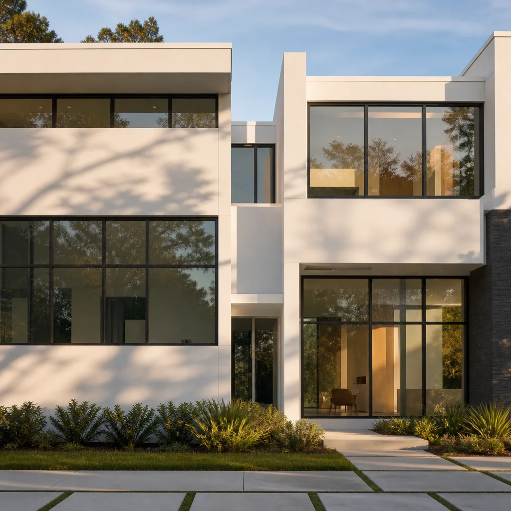 Modern residential building with large black-framed windows and architectural glass doors