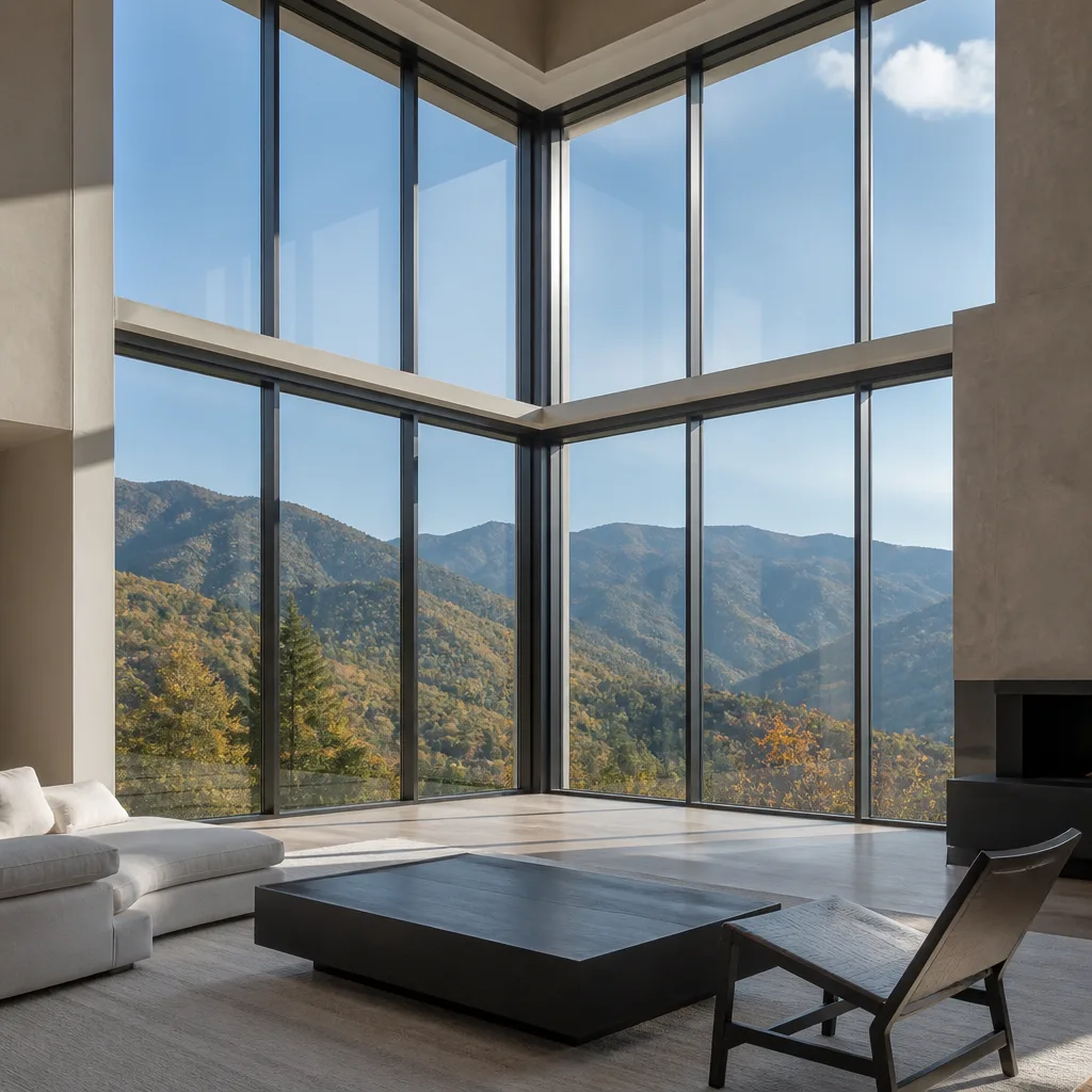 Modern floor-to-ceiling corner window installation with mountain landscape views