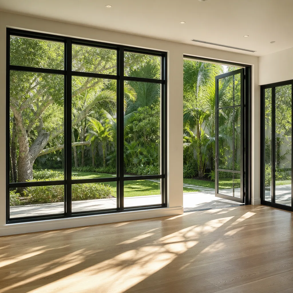 Modern black-framed floor-to-ceiling windows and doors installed in a luxury home.